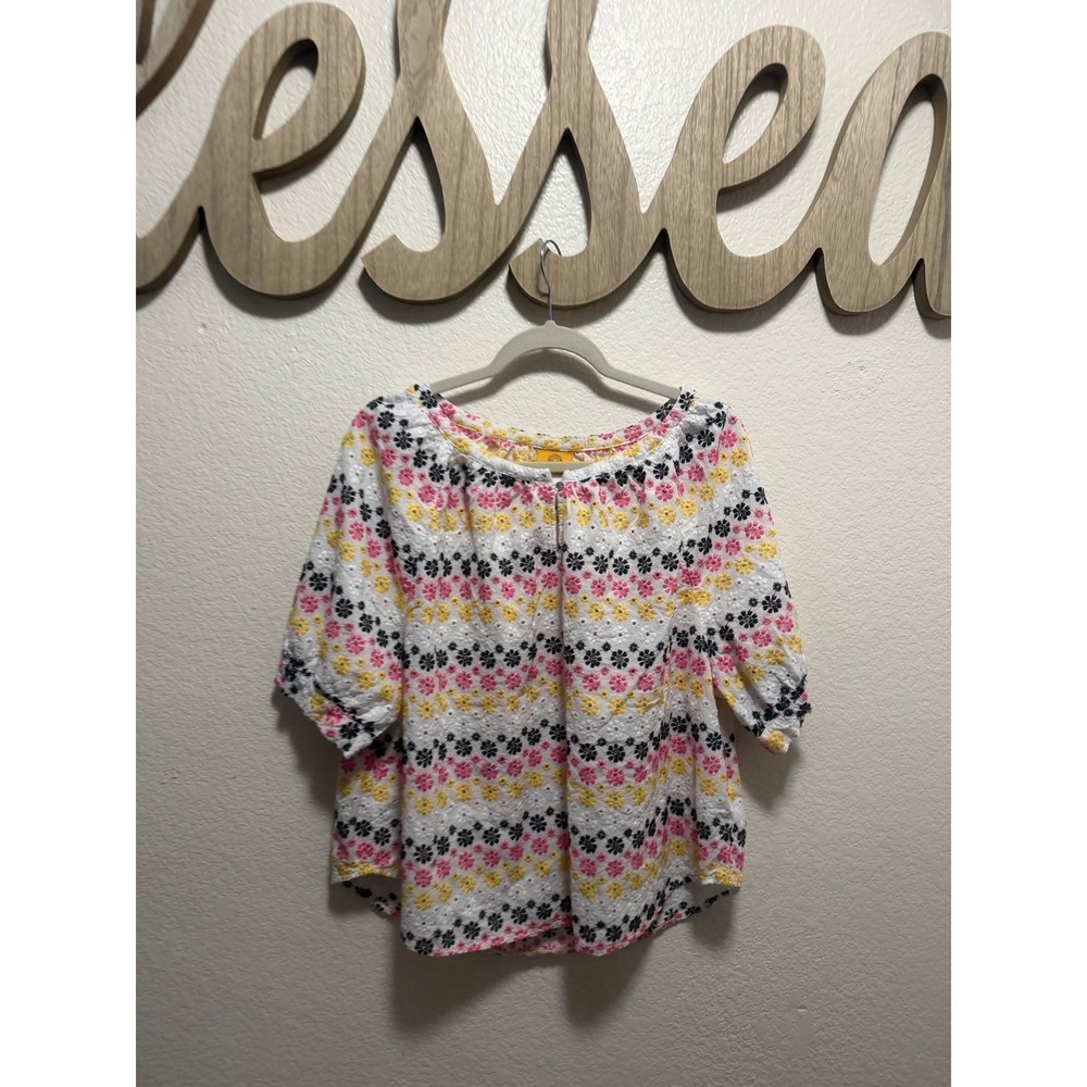 Ruby Rd Womens XL Floral Eyelet Blouse Pink Yellow Black Embroidered Top Cotton